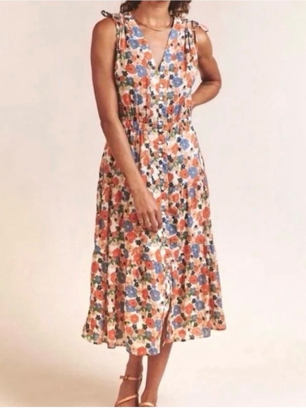 Trovata Floral V-Neck Midi Dress in Cream, Blue & Orange Retail $428 NWT